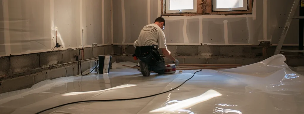 a bright and professional basement waterproofing scene showcases a contractor applying waterproofing membranes to exposed concrete walls, with a french drain being installed along the perimeter and a sump pump positioned in the corner, all set in a clean, well-lit environment.