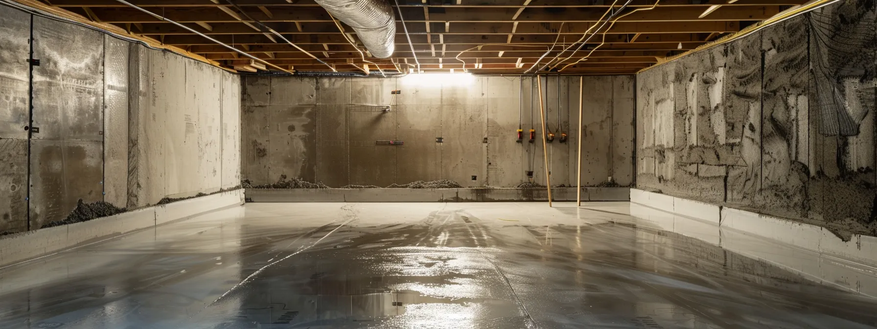 a brightly lit basement showcases a waterproofing process, featuring exposed concrete walls where a contractor expertly applies waterproof membranes and seals cracks with hydraulic cement, while a newly installed french drain and sump pump highlight the commitment to a dry, secure living environment.