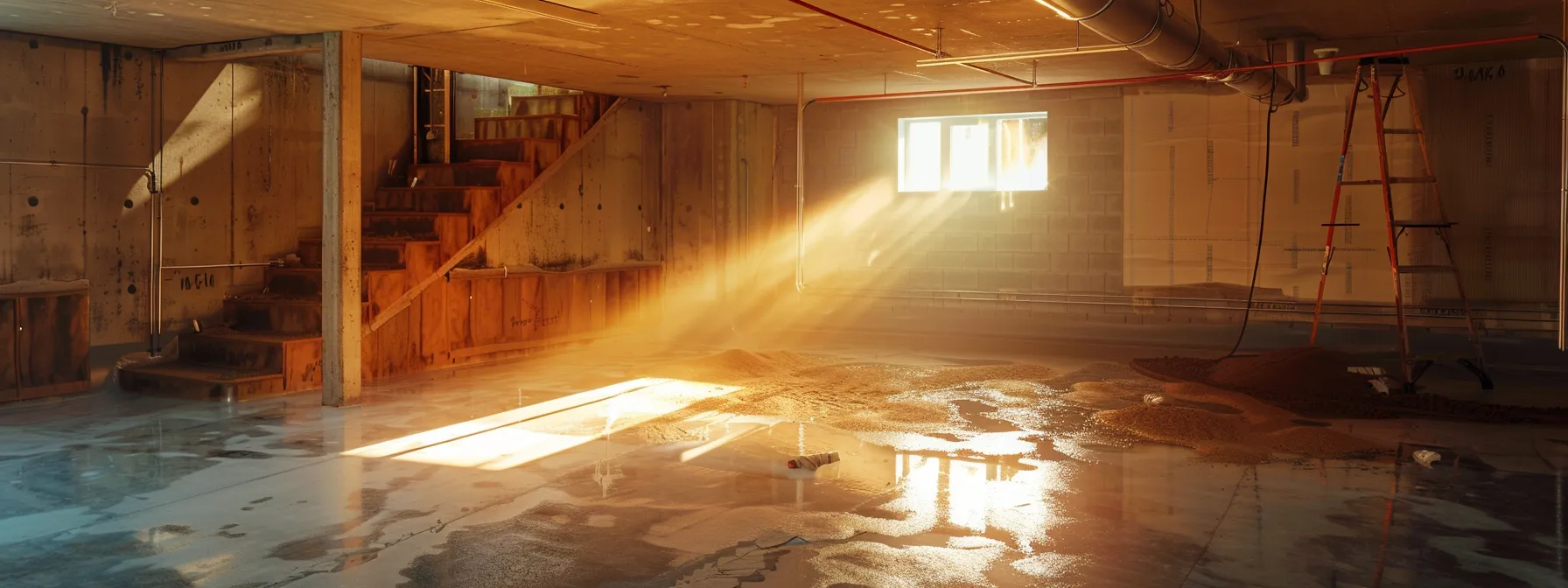 a brightly lit basement showcases a professional waterproofing process with contractors applying membranes to exposed concrete walls while expertly sealing cracks and preparing to install a sump pump and french drain, emphasizing the commitment to moisture protection and structural integrity.