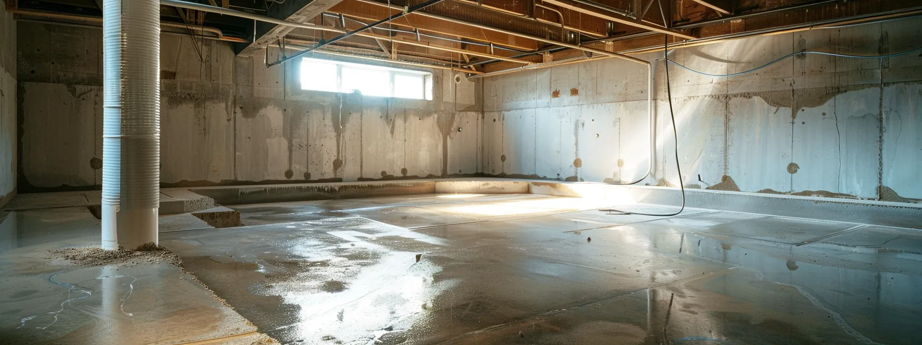 a well-lit basement showcases the professional installation of a waterproofing system, featuring exposed concrete walls, visible waterproofing membranes, a contractor expertly sealing cracks with hydraulic cement, and a french drain being laid along the perimeter, all contributing to a safe and moisture-free environment.