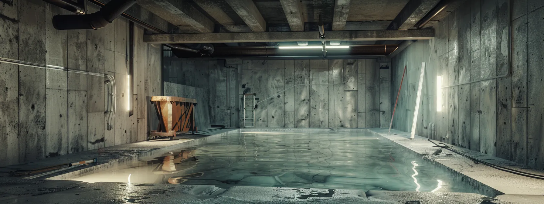a well-lit basement showcases a waterproofing process, featuring exposed concrete walls where a contractor expertly applies waterproofing membranes and seals cracks, while another installs a french drain, all within a clean and professional workspace.