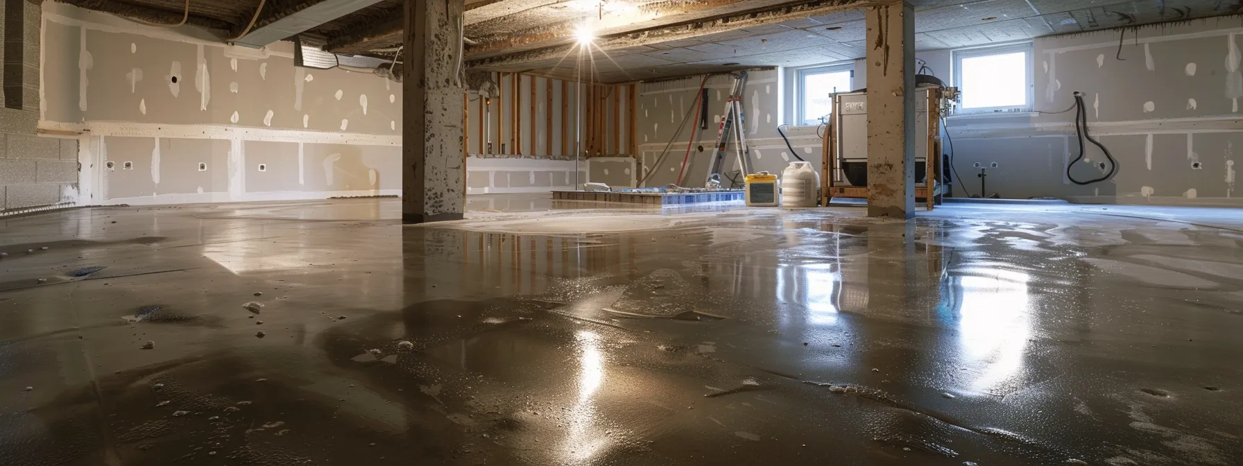 a well-lit basement showcases the waterproofing process in action, featuring exposed concrete walls and flooring, as contractors expertly apply waterproofing membranes and install a french drain alongside a new sump pump, emphasizing a clean and professional environment dedicated to effective home protection.