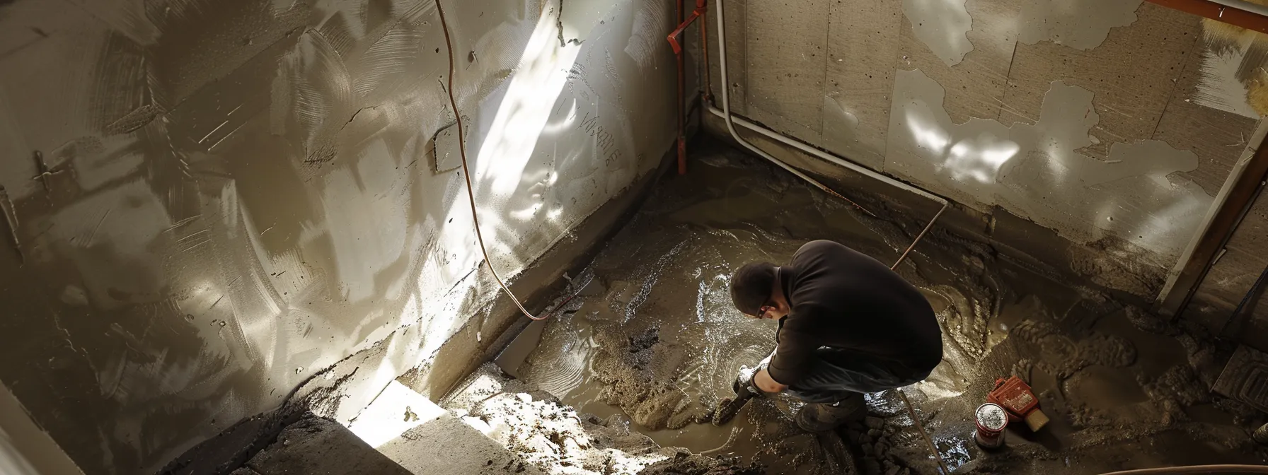 a well-lit basement waterproofing process showcases a contractor expertly sealing cracks with hydraulic cement while installing a french drain amidst exposed concrete walls, emphasizing professionalism and local expertise in water damage prevention.