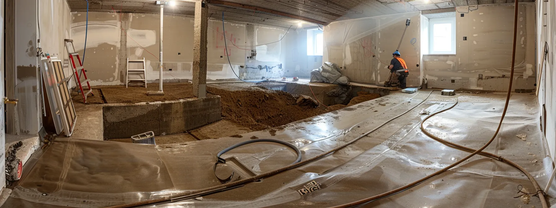 a well-lit basement showcases professional waterproofing in action, featuring exposed concrete walls as contractors diligently apply waterproof membranes and install a french drain, all within a clean and organized workspace.