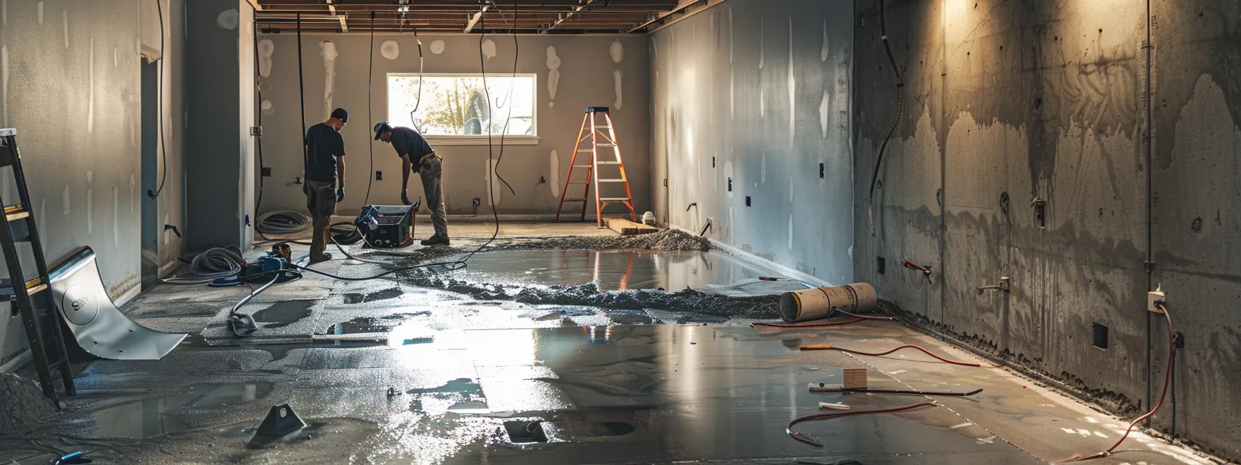 a well-lit residential basement showcasing the waterproofing process, featuring exposed concrete walls, an attentive contractor sealing cracks with hydraulic cement, and another installing a sleek french drain, all set in a clean and professional environment.