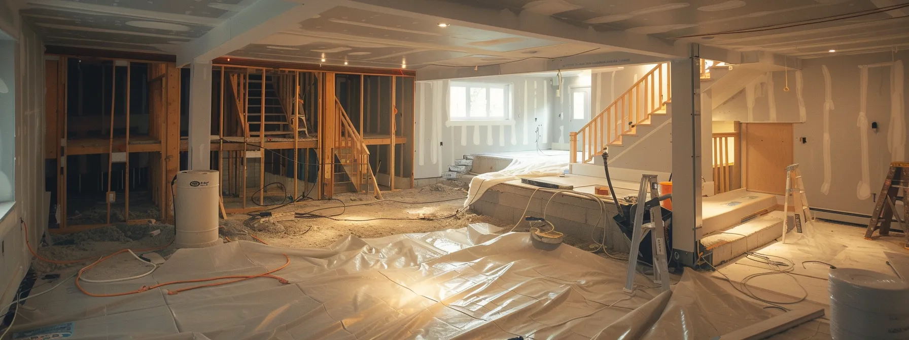 a well-lit residential basement showcases the waterproofing process, featuring exposed concrete walls, contractors professionally applying membranes and sealing cracks, while a sump pump is positioned in the corner, embodying a meticulous and organized workspace.