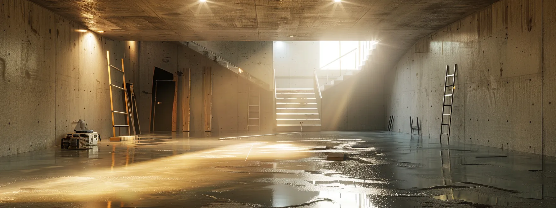 a well-lit residential basement showcases the waterproofing process, featuring exposed concrete walls as a contractor expertly applies membranes, seals cracks with hydraulic cement, and prepares a sump pump, all within a clean and professional workspace.
