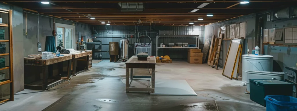 a well-lit residential basement showcases professional waterproofing in action, featuring exposed concrete walls, a contractor applying waterproofing membranes, and a french drain installation alongside a sump pump in a clean and organized workspace.