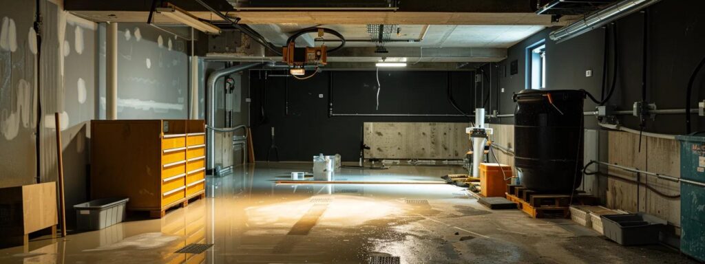 a dimly lit basement showing a professional-grade waterproofing system in action, highlighting sleek equipment and an organized workspace that embodies effective, affordable solutions for common basement issues.