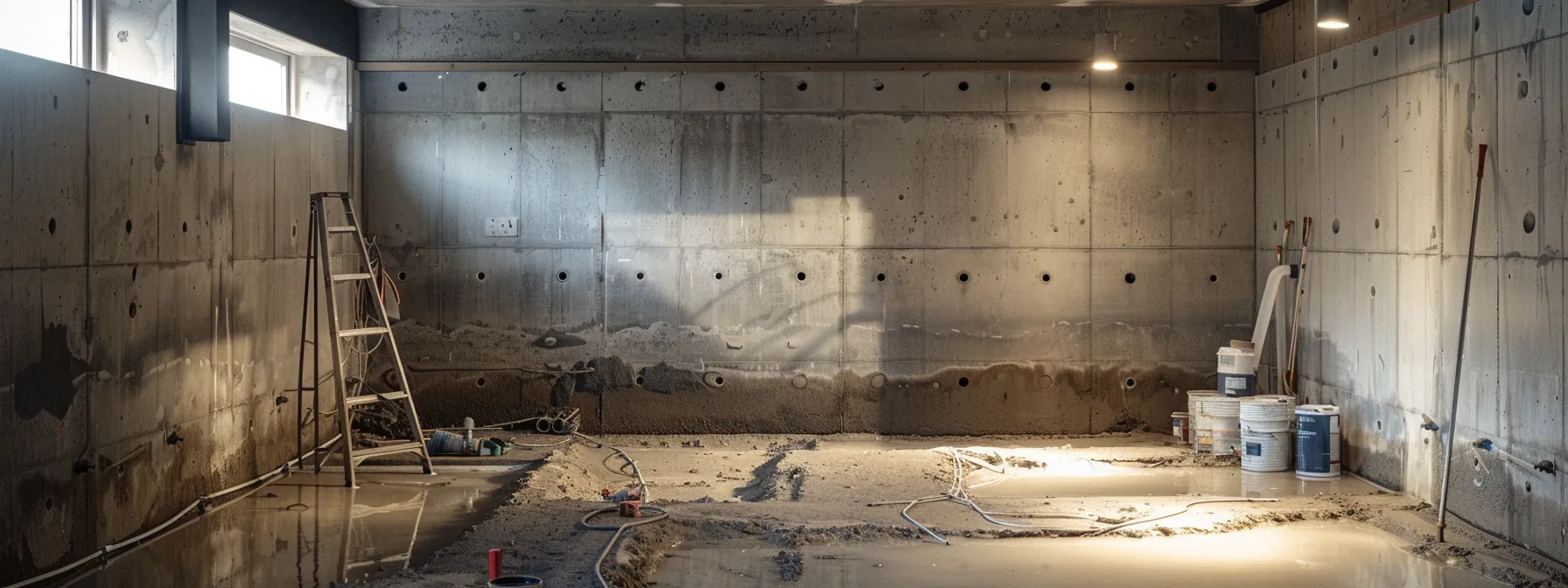 a well-lit basement showcases a professional waterproofing process, featuring exposed concrete walls where contractors diligently apply waterproofing membranes and seal cracks, with a french drain being installed alongside a ready-to-use sump pump, all set in a clean and organized workspace.