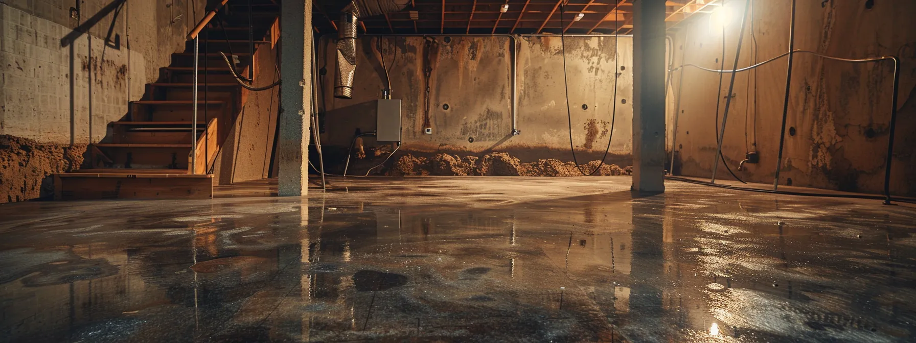 a well-lit basement showcases the waterproofing process, featuring exposed concrete walls where a contractor meticulously applies waterproofing membranes while another expertly installs a french drain, highlighting the professionalism and efficacy of commercial waterproofing solutions.