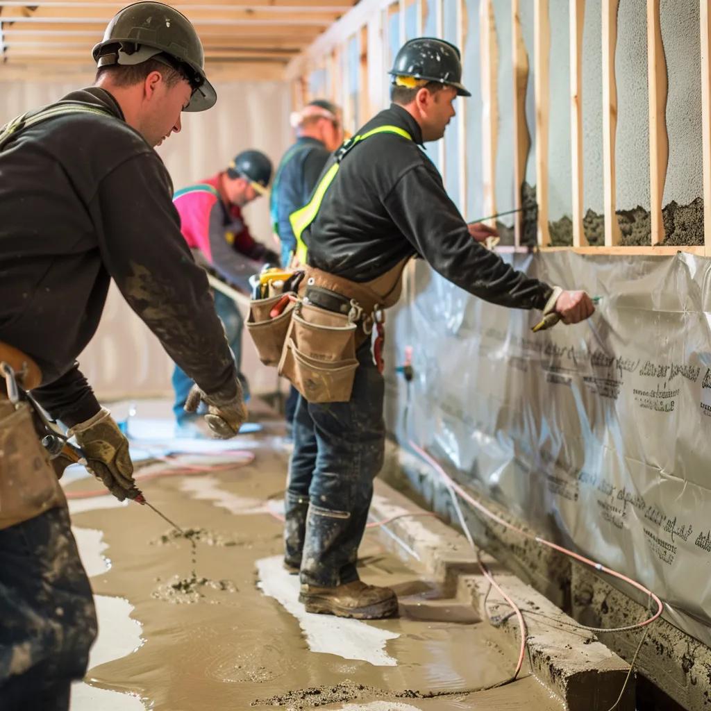 Professional basement waterproofing team applying materials in a residential basement