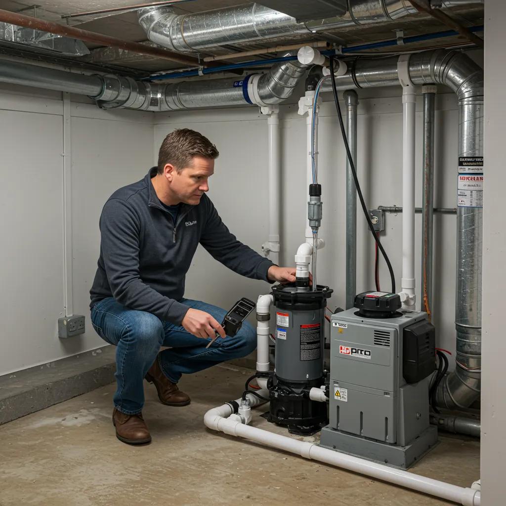 A homeowner carefully inspecting a sump pump and drainage system as part of routine basement waterproofing maintenance