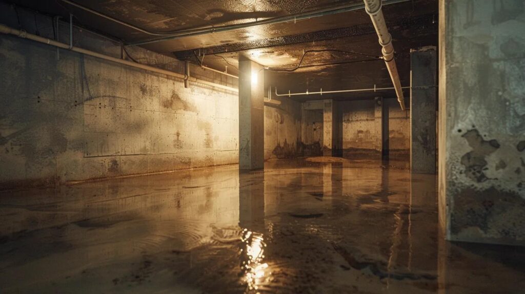 a dimly lit basement showcasing advanced waterproofing techniques, with highlighted sections revealing seamless protective sealants on the walls and floors, emphasizing the critical importance of moisture prevention in maine's damp climate.