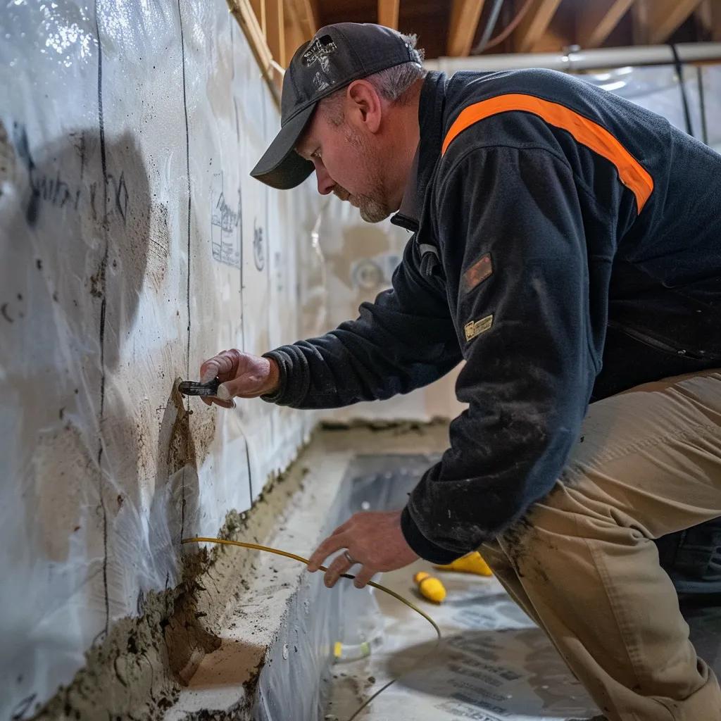 Residential basement waterproofing expert inspecting foundation in Maine