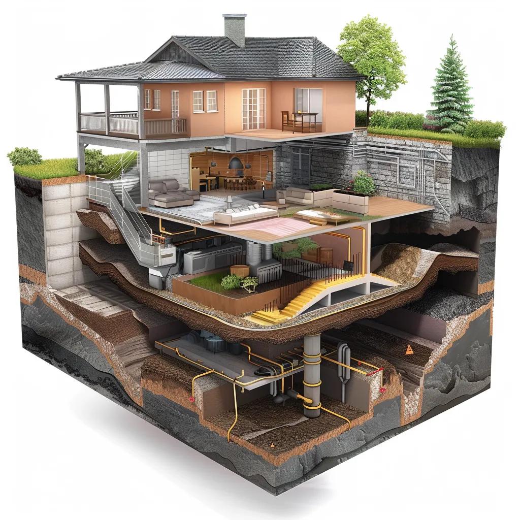 Cross-section of basement showing waterproofing solutions like drainage systems and sump pumps