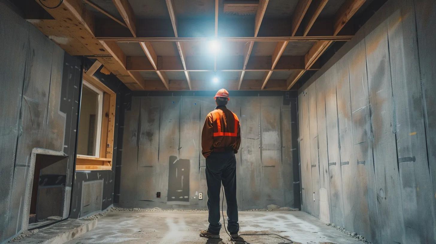 a professional contractor inspects a well-lit, modern basement with clear evidence of waterproofing measures in progress, highlighting the importance of cost-effective solutions for property protection in maine.