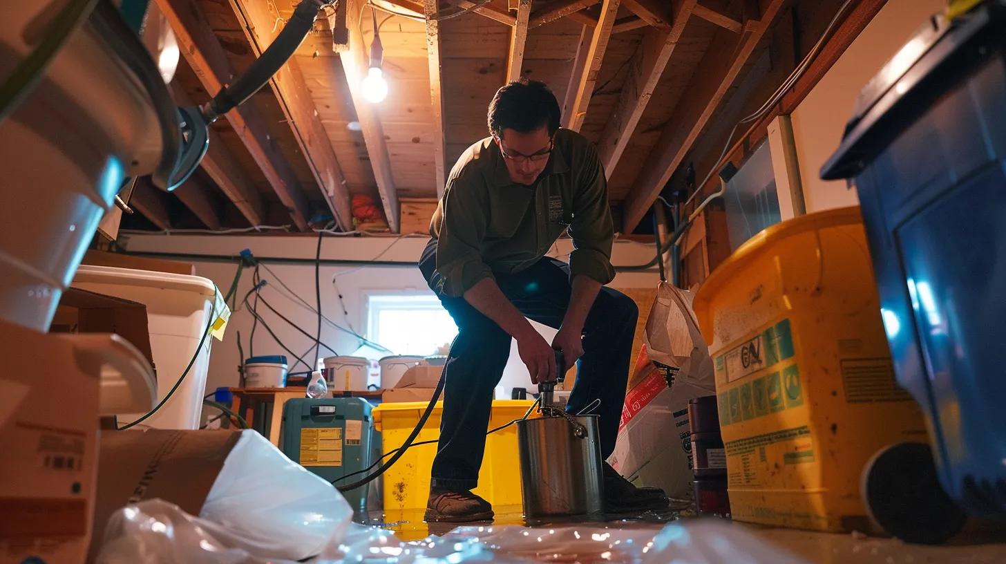 a well-lit, tidy basement undergoing waterproofing, showcasing a professional technician analyzing moisture levels with advanced tools, while structured, clean lines highlight the modern renovation process.