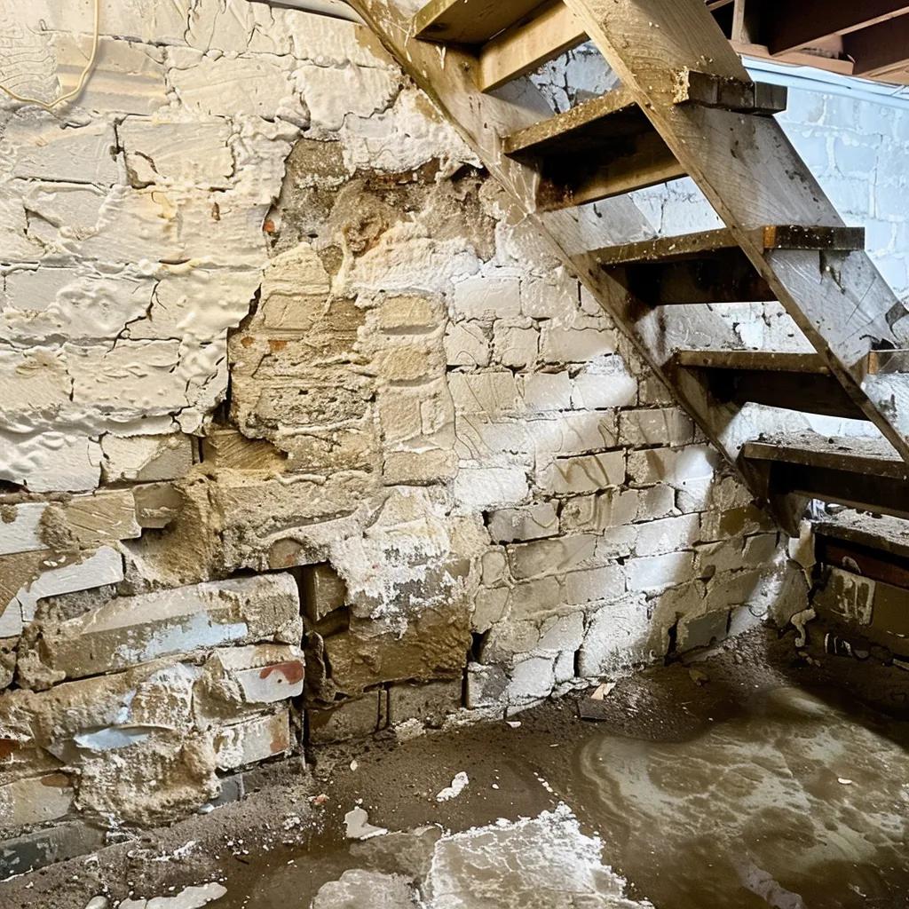 Signs of moisture intrusion in a basement including discoloration and puddles