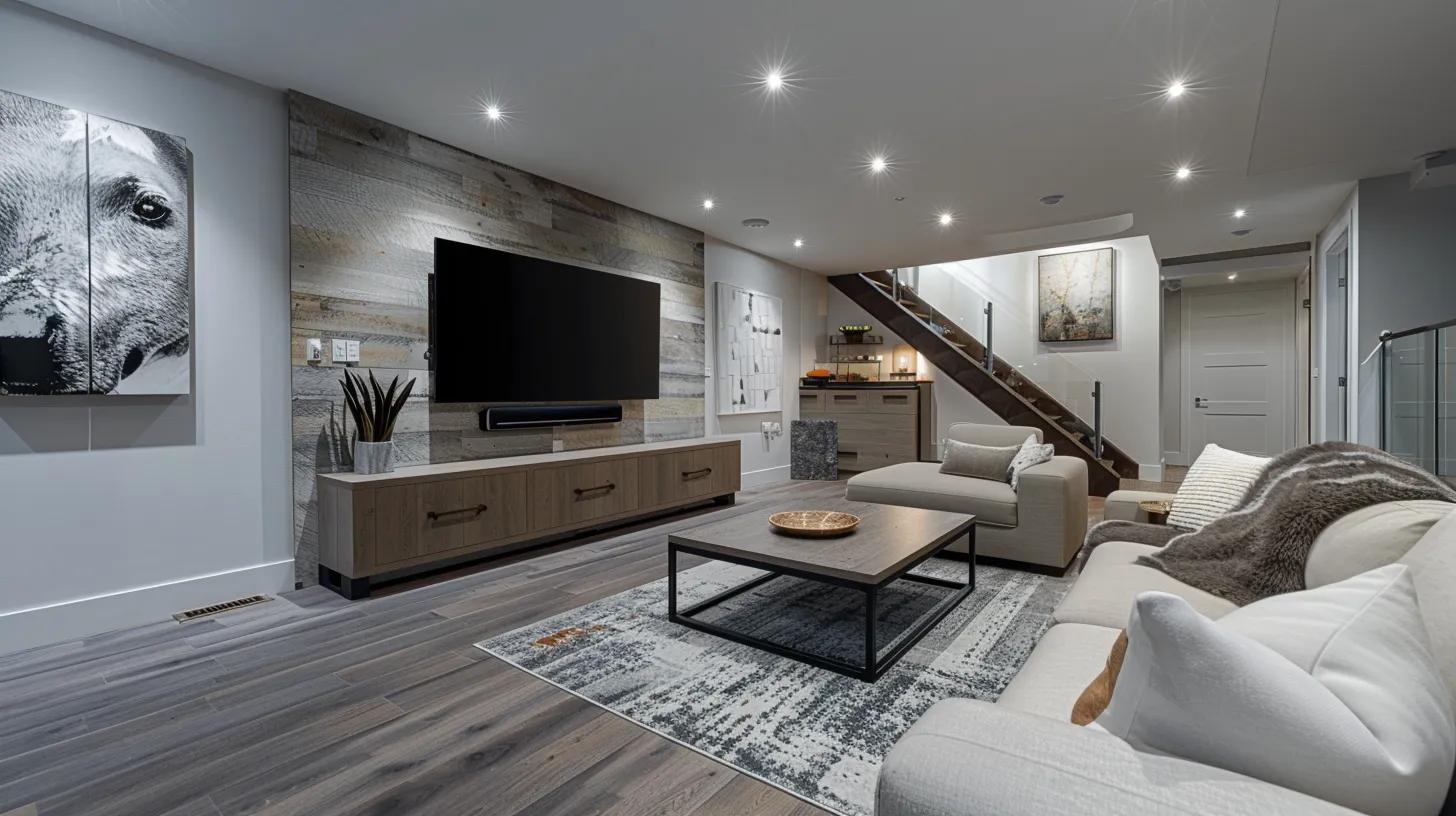 a modern basement with sleek, dry walls and a sophisticated waterproofing system prominently displayed, highlighting the benefits of a healthy living space in an urban home environment.