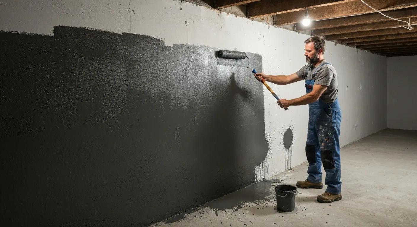 A homeowner applying waterproof paint to a basement wall as a DIY waterproofing solution