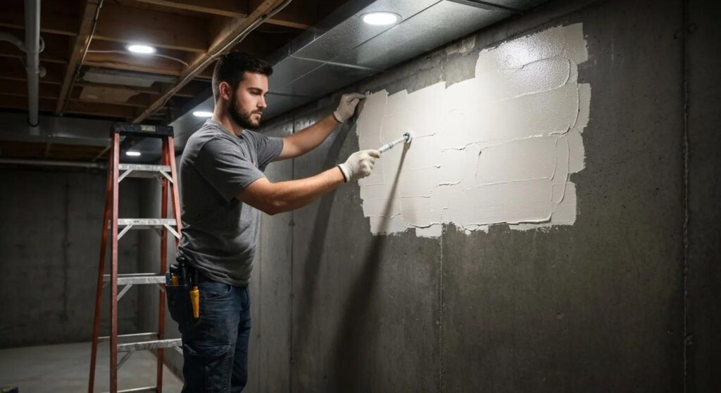 Professional basement waterproofing technician applying sealant in a well-lit basement