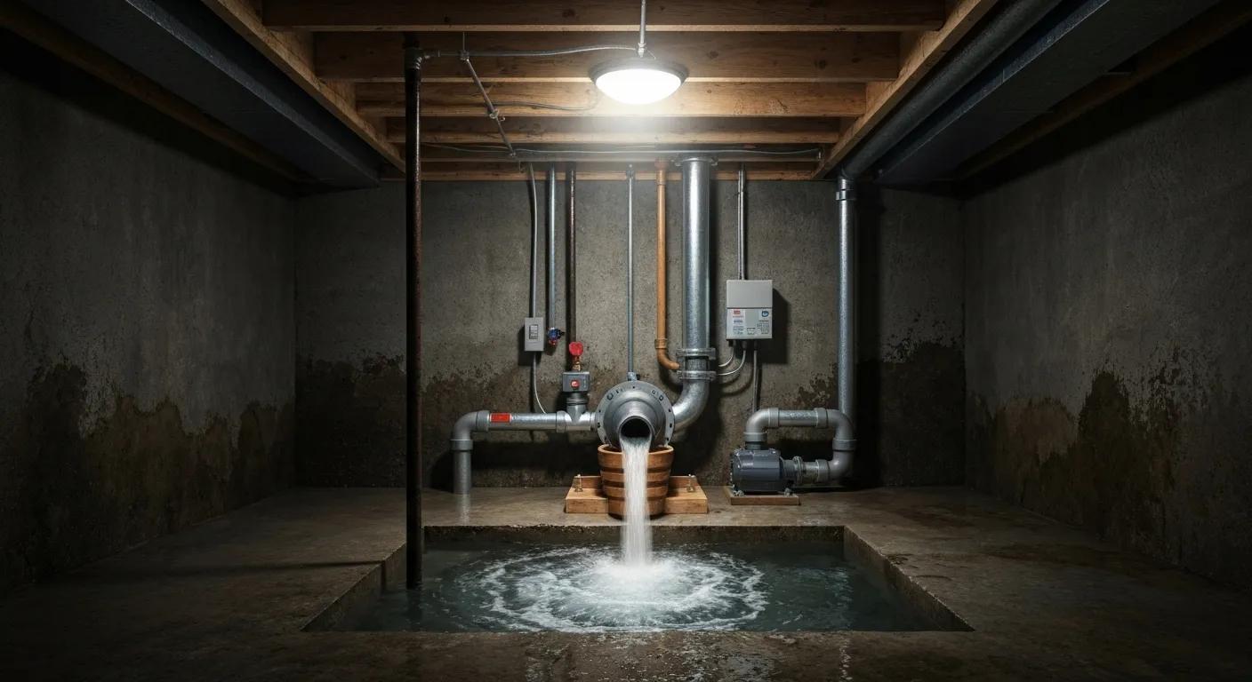 Sump pump installation in a basement, showcasing water being pumped out to prevent flooding