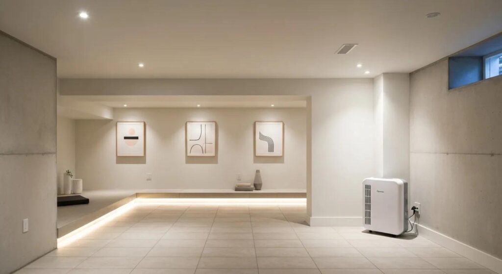 A bright, inviting basement space showcasing effective waterproofing measures like sealants and a dehumidifier