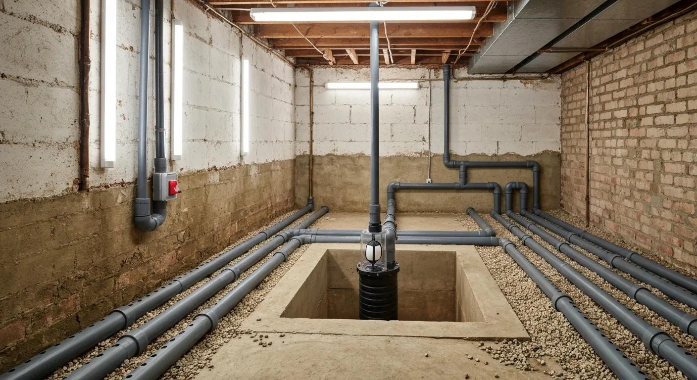 An interior drainage system being installed in a basement, featuring perforated pipes and a sump pump