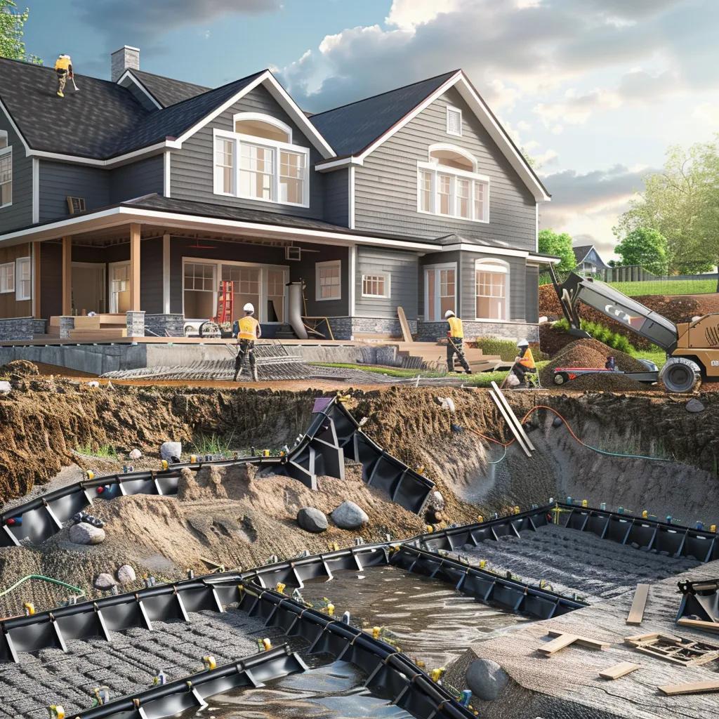 Excavation and French drain work around a foundation as part of exterior waterproofing