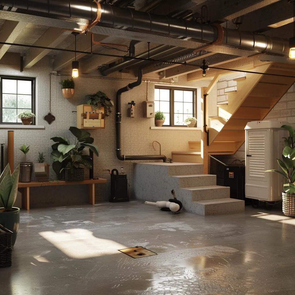 Basement with effective moisture control solutions including sump pump and drainage systems