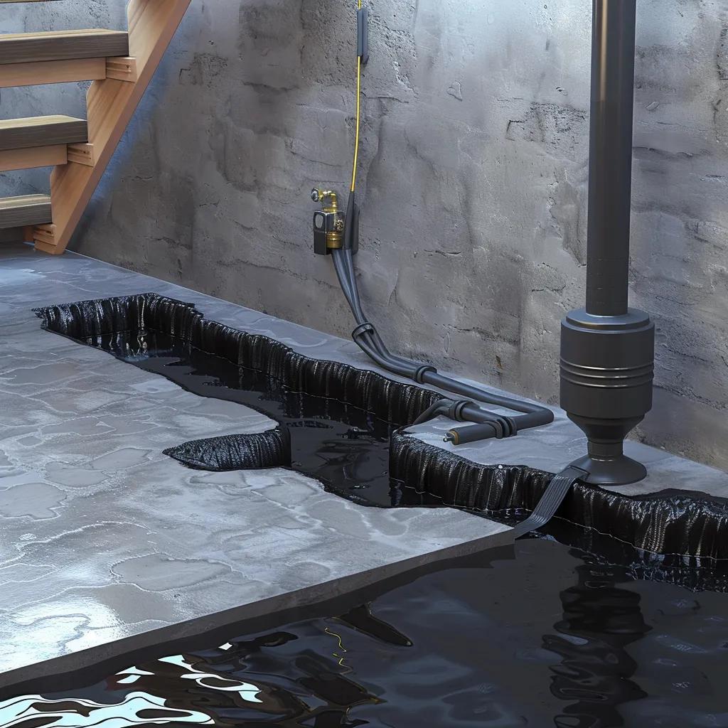 Interior basement with sump pump and floor drainage channel illustrating interior waterproofing methods